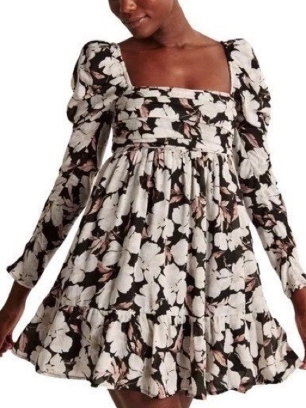 Abercrombie & Fitch Black Floral Square-Neck Mini Dress with Blush Accents